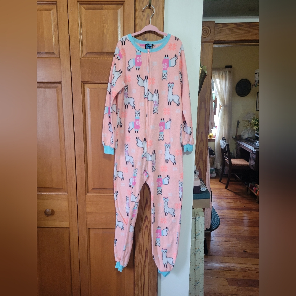 Jelli Fish Kids Llama Print One Piece Fleece Onsie Pajama M 7/8 Peach Teal